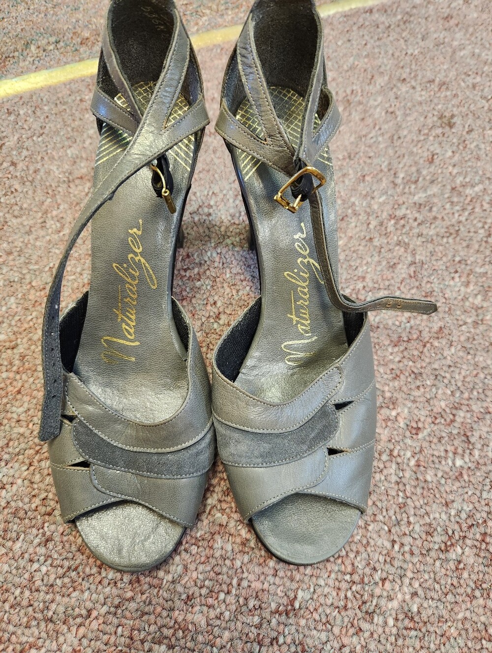 Naturalizer Gray Leather Crossover Ankle-Strap Heels